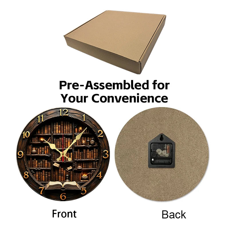 Library Nook Style Wooden Round Silent Hanging Wall Clock, Suitable For Living Room, Office, Study Room,Bedroom, Home Decoration