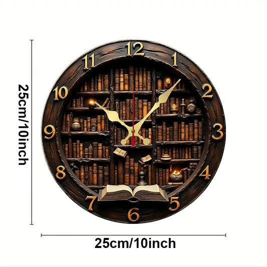 Library Nook Style Wooden Round Silent Hanging Wall Clock, Suitable For Living Room, Office, Study Room,Bedroom, Home Decoration