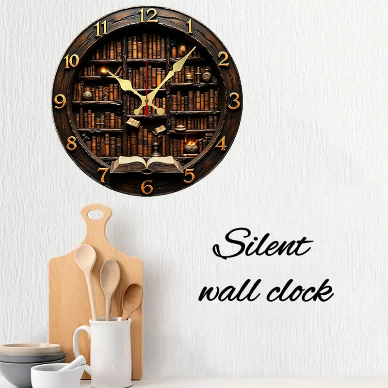 Library Nook Style Wooden Round Silent Hanging Wall Clock, Suitable For Living Room, Office, Study Room,Bedroom, Home Decoration
