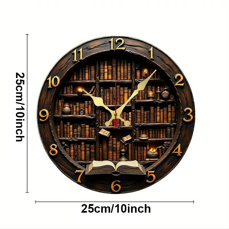 Library Nook Style Wooden Round Silent Hanging Wall Clock, Suitable For Living Room, Office, Study Room,Bedroom, Home Decoration
