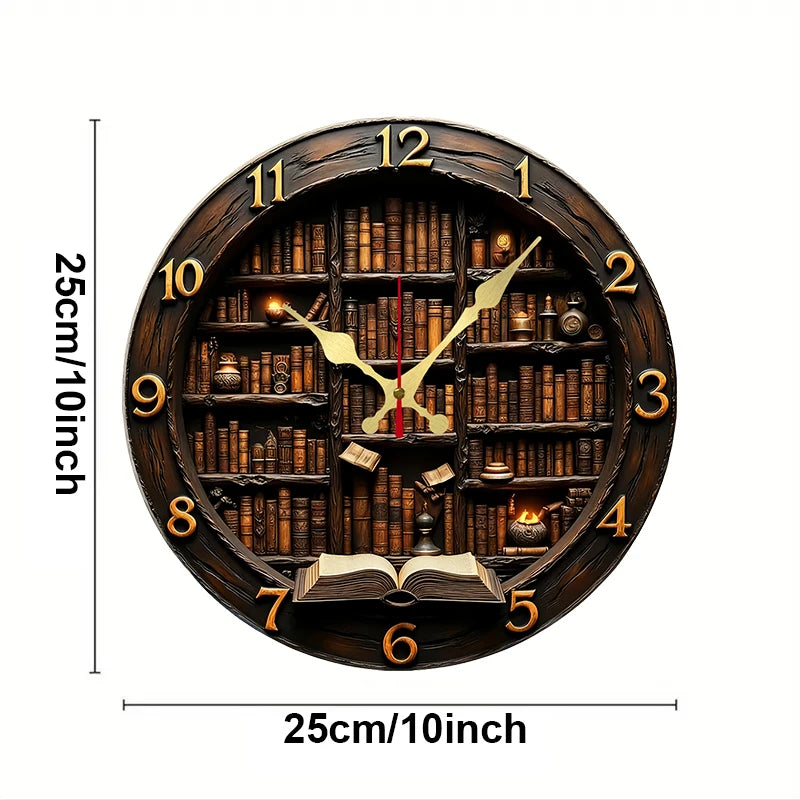 Library Nook Style Wooden Round Silent Hanging Wall Clock, Suitable For Living Room, Office, Study Room,Bedroom, Home Decoration