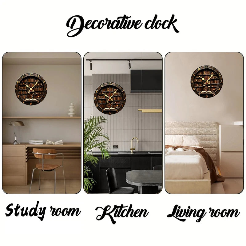 Library Nook Style Wooden Round Silent Hanging Wall Clock, Suitable For Living Room, Office, Study Room,Bedroom, Home Decoration
